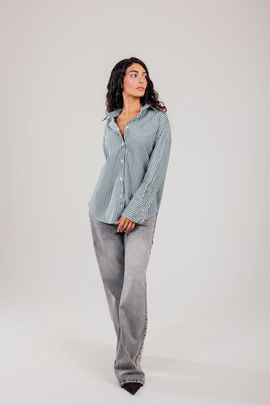 poplin olive shirt white stripe