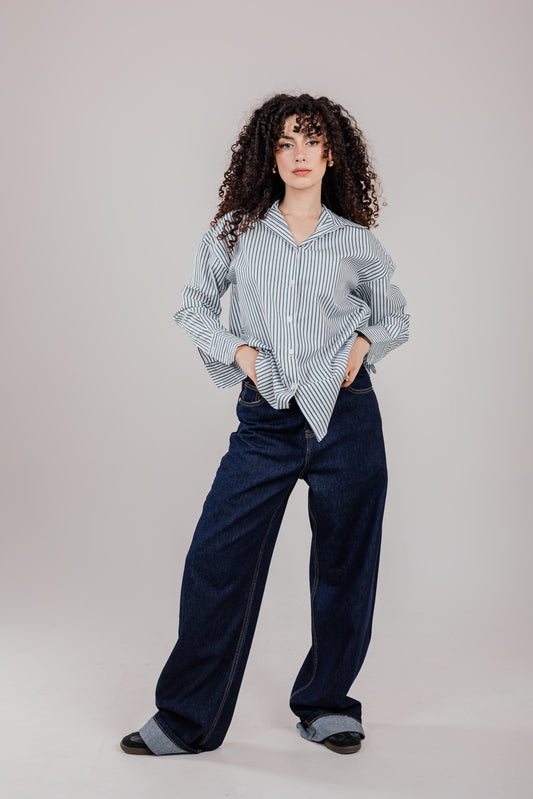 Poplin White Shirt Olive Stripe