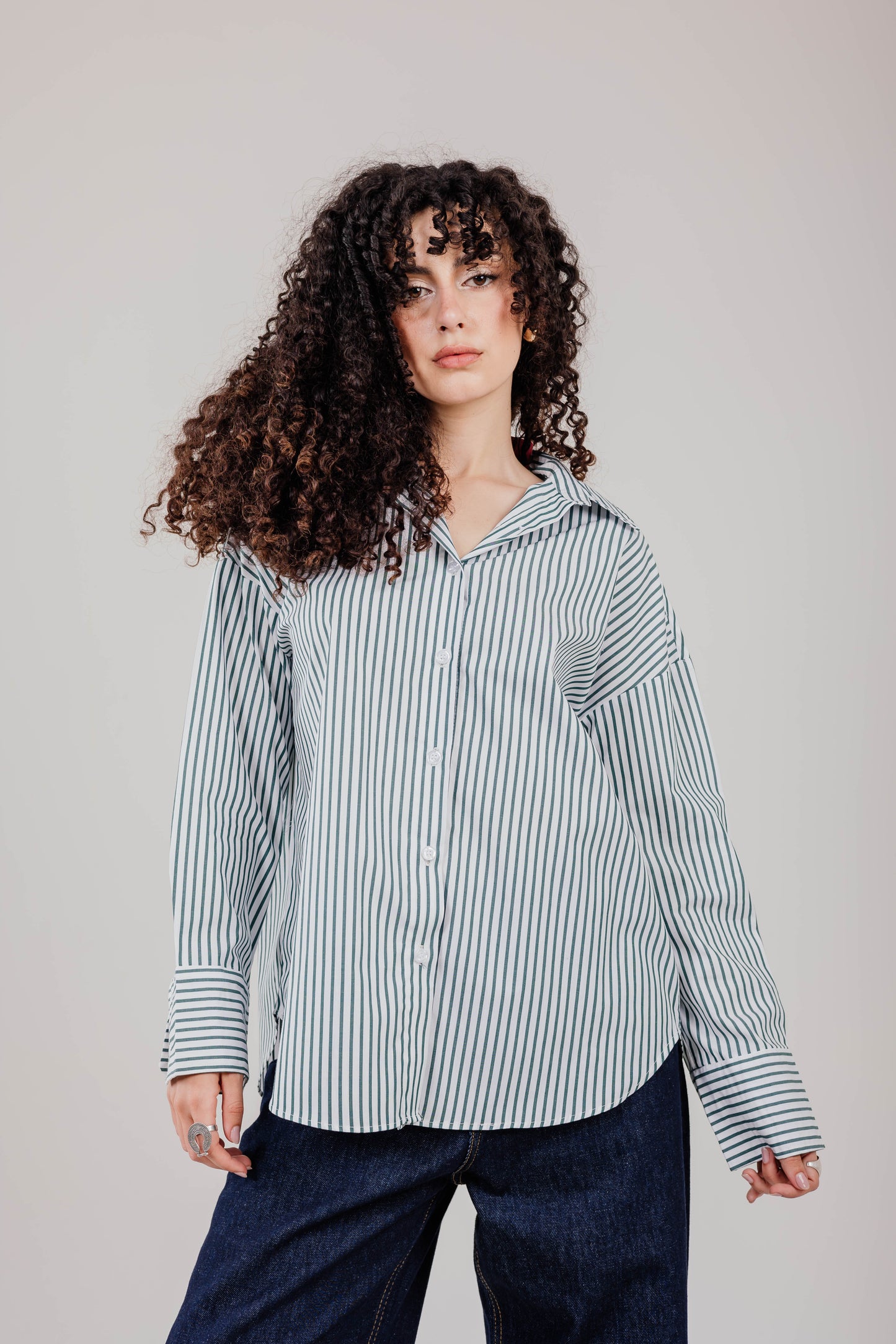 Poplin White Shirt Olive Stripe