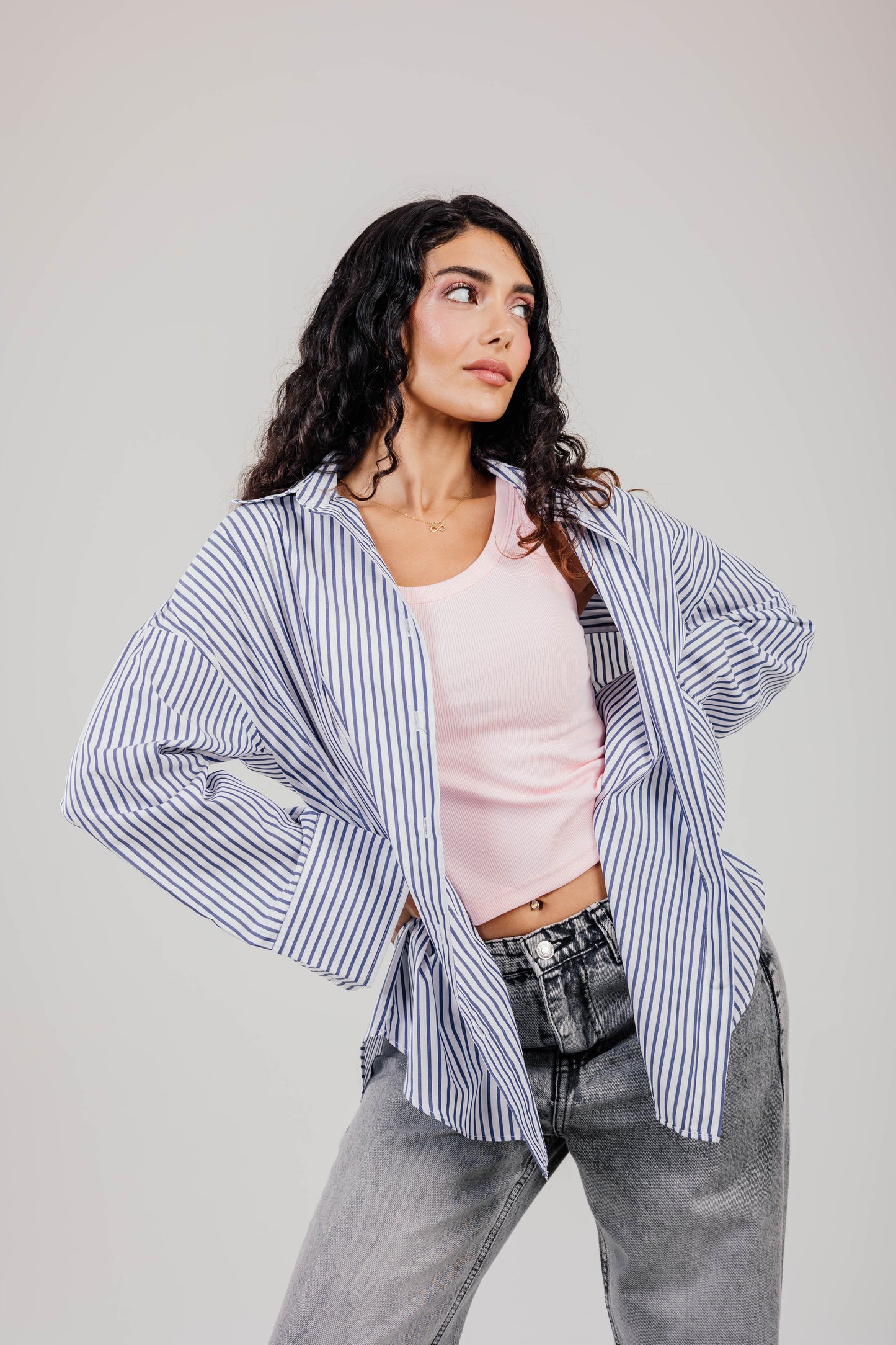 Poplin White Shirt Navy Stripe