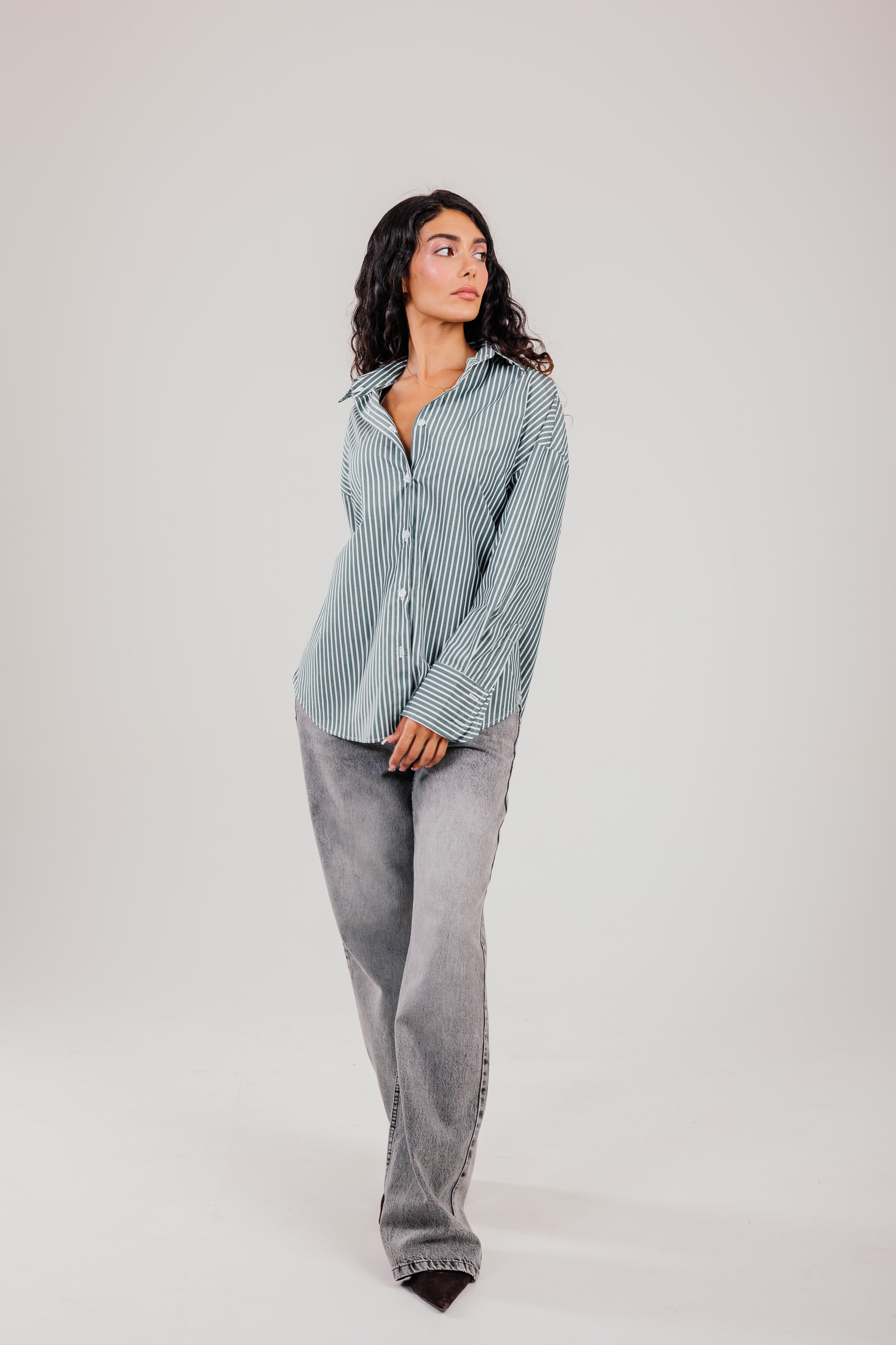 poplin olive shirt white stripe