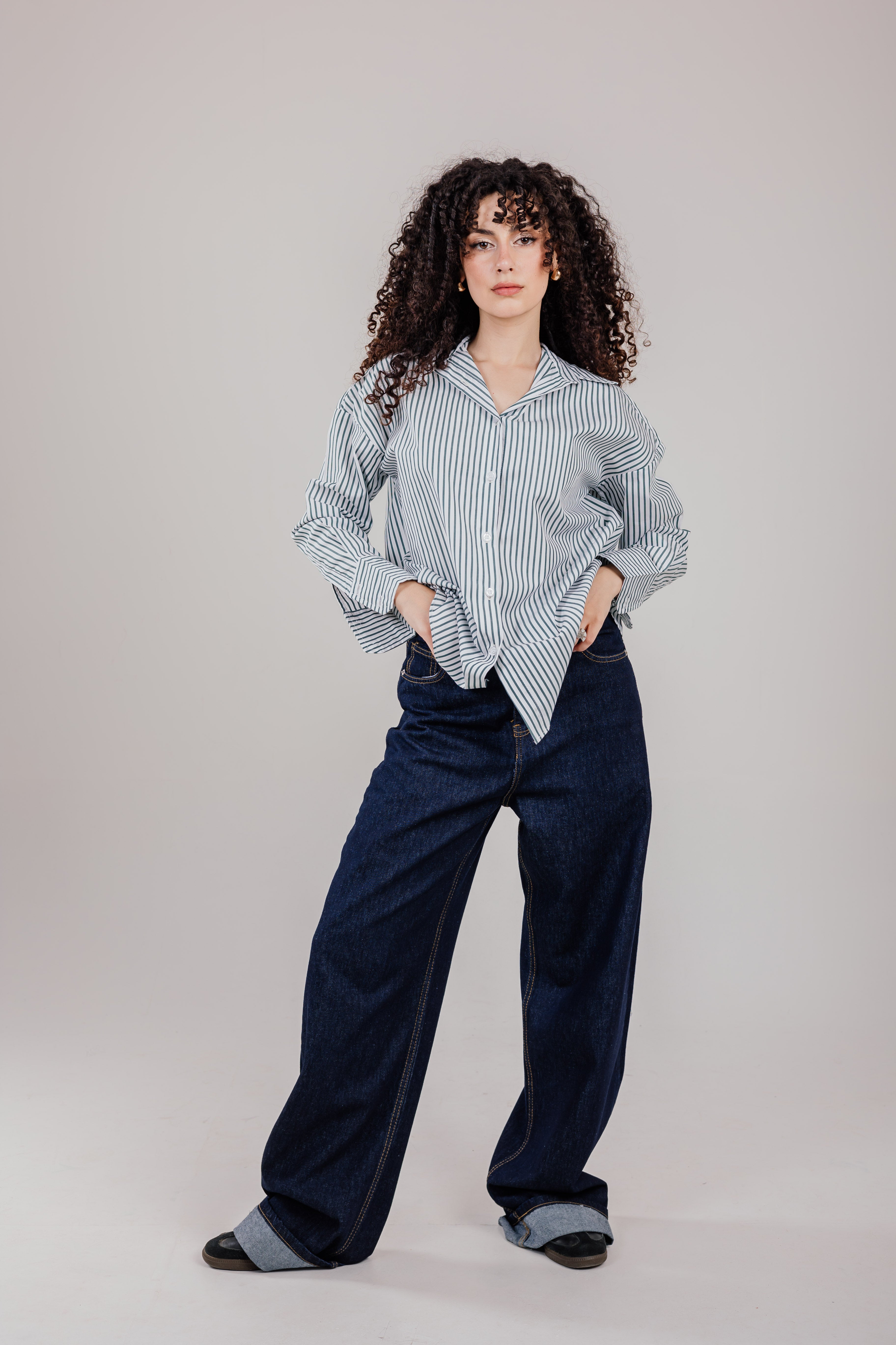 Poplin White Shirt Olive Stripe