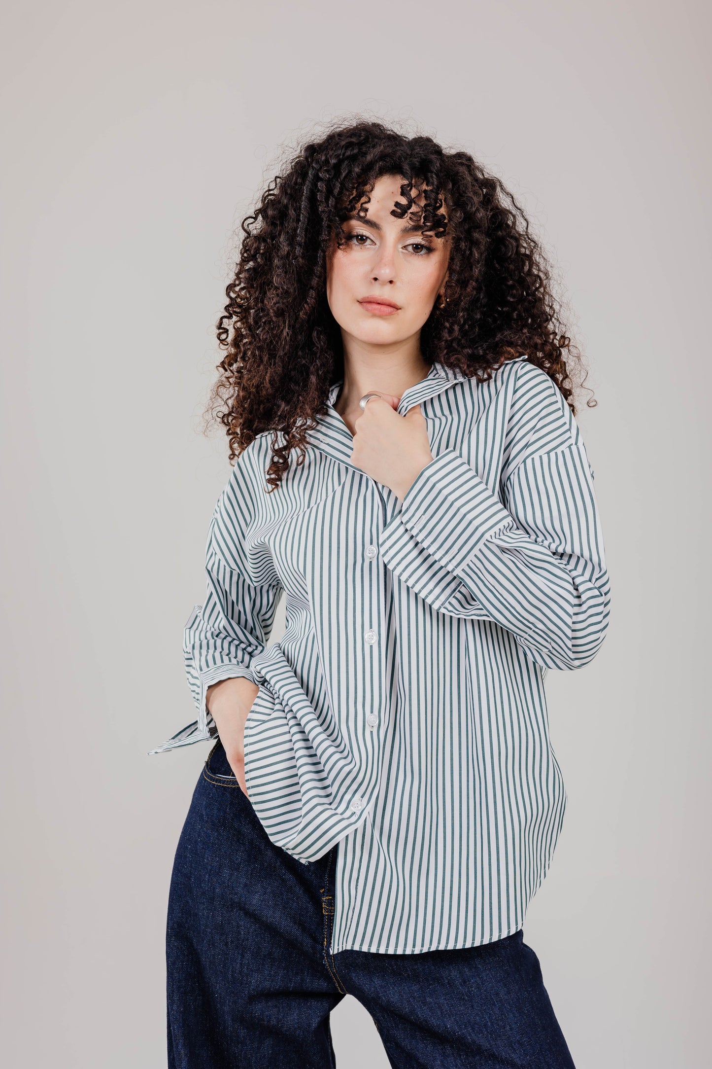 Poplin White Shirt Olive Stripe