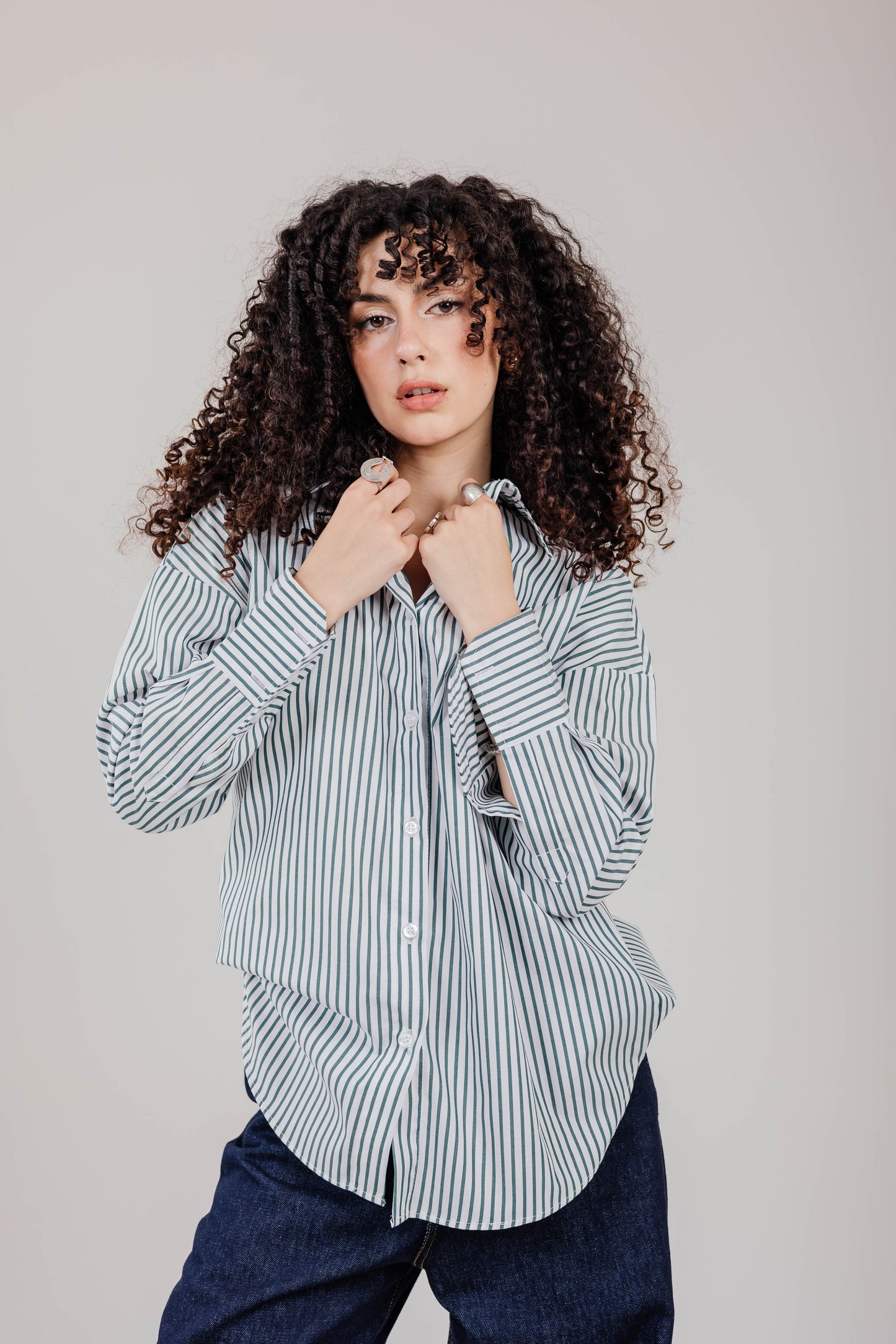 Poplin White Shirt Olive Stripe