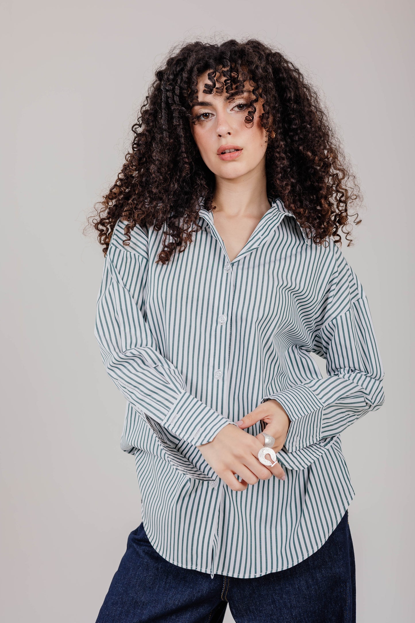 Poplin White Shirt Olive Stripe