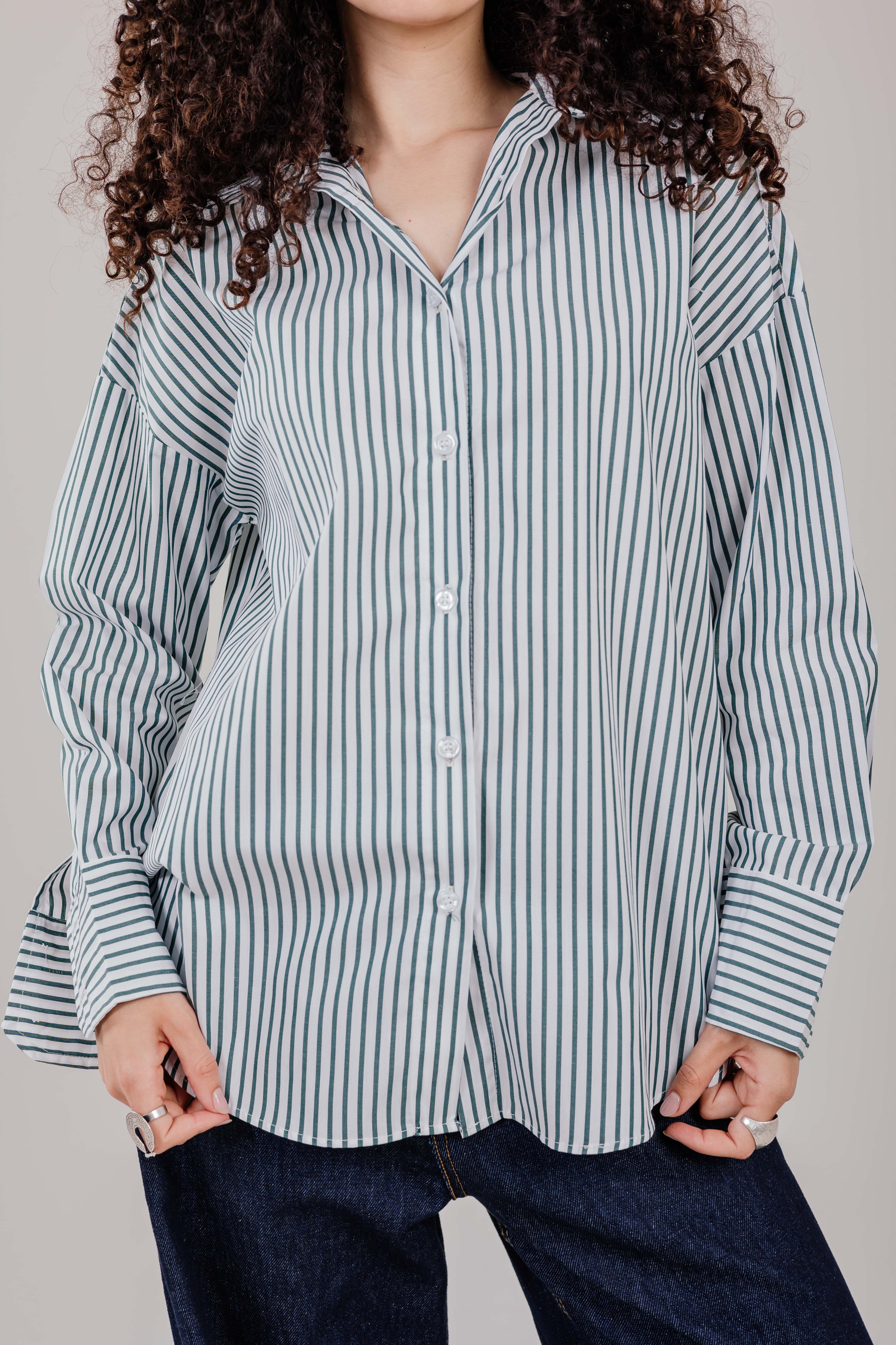Poplin White Shirt Olive Stripe