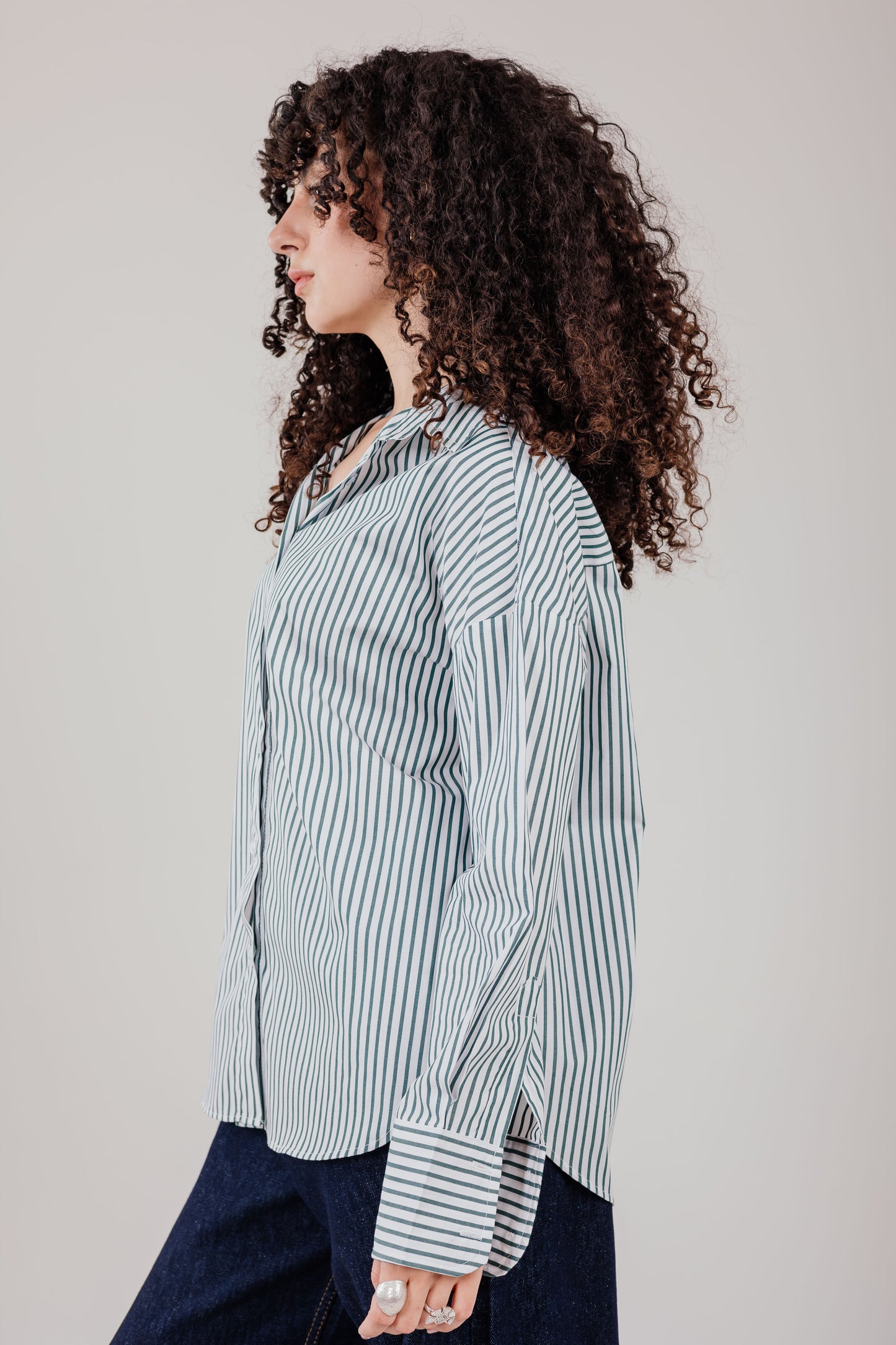 Poplin White Shirt Olive Stripe