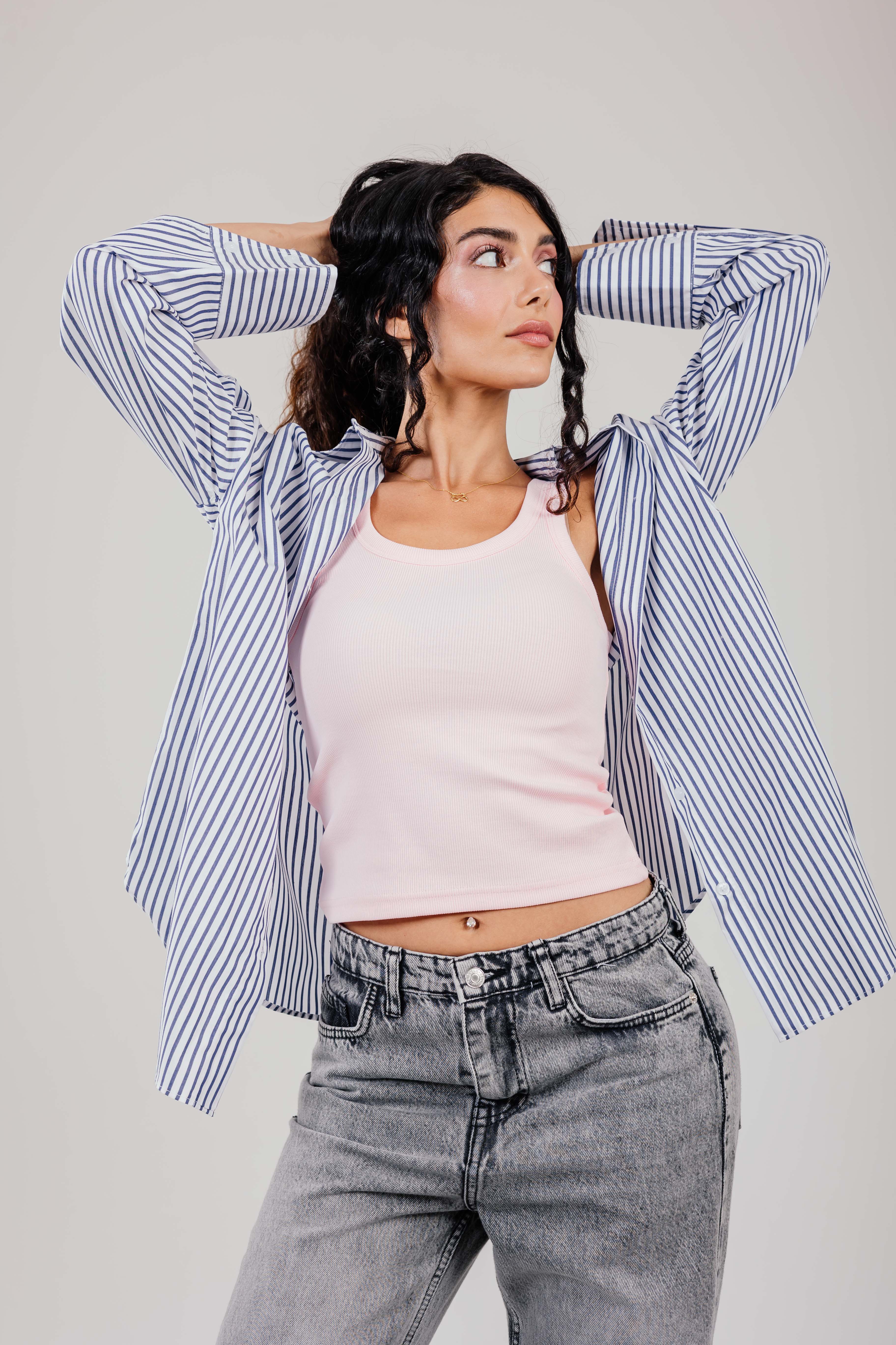 Poplin White Shirt Navy Stripe