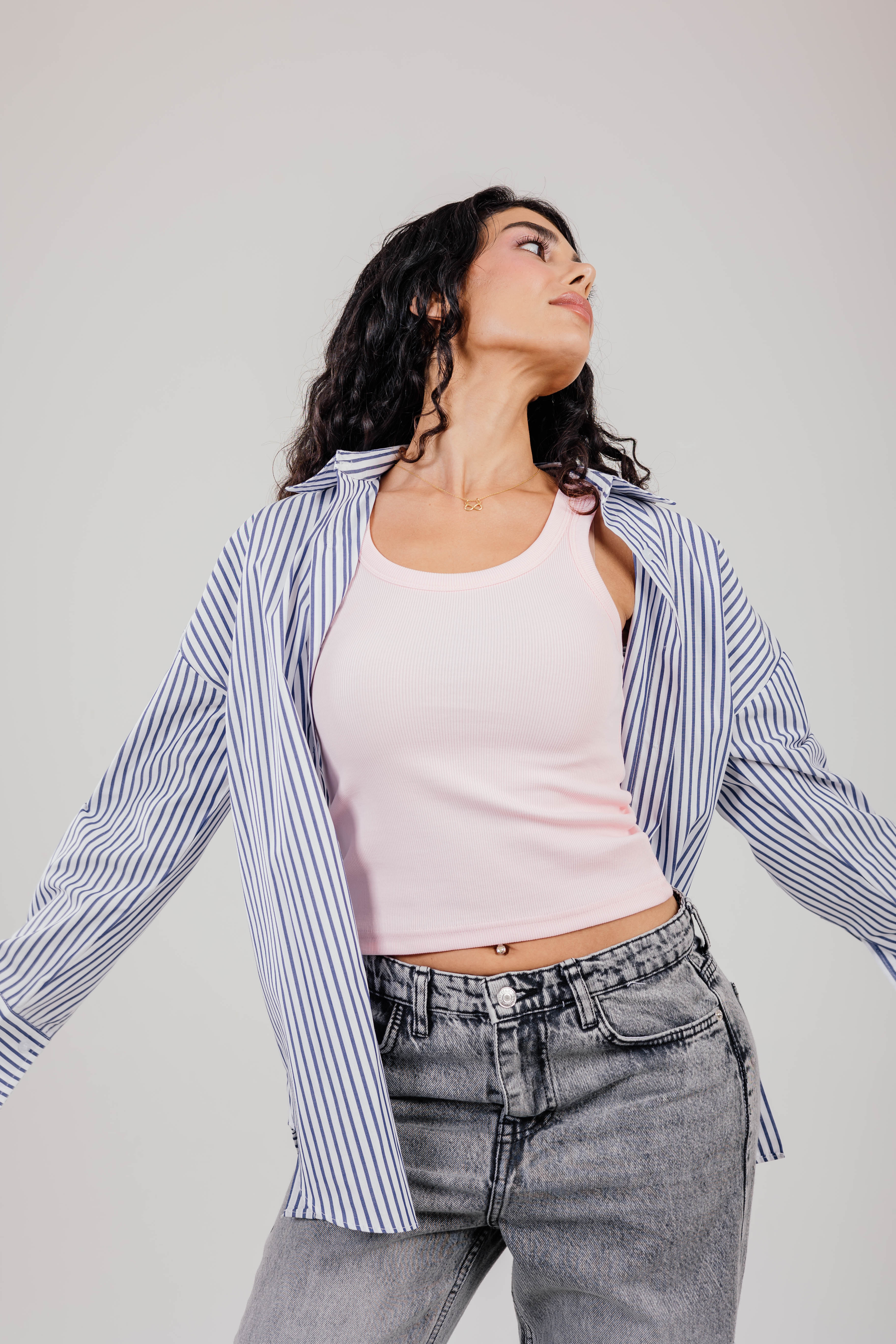 Poplin White Shirt Navy Stripe