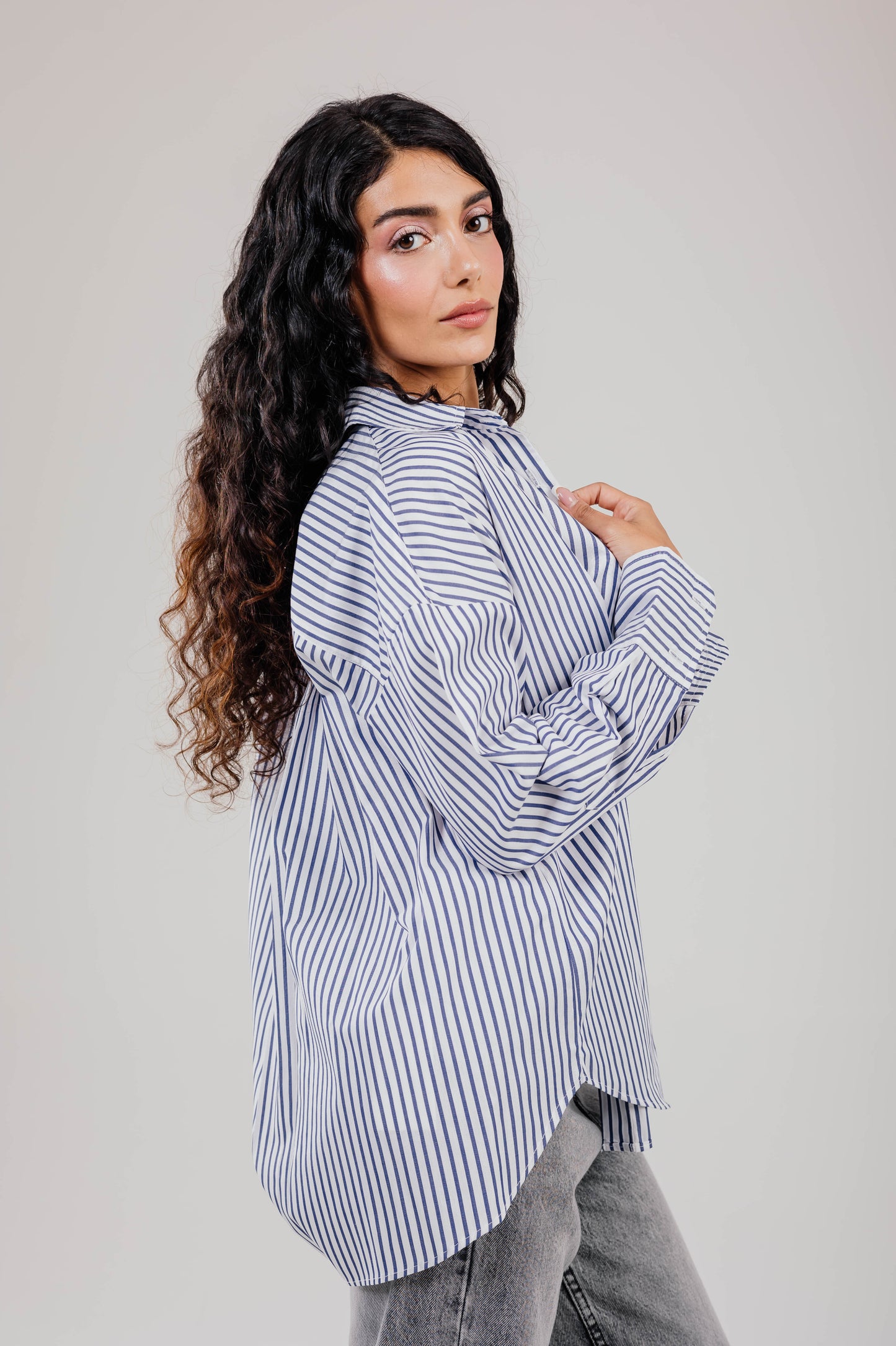 Poplin White Shirt Navy Stripe