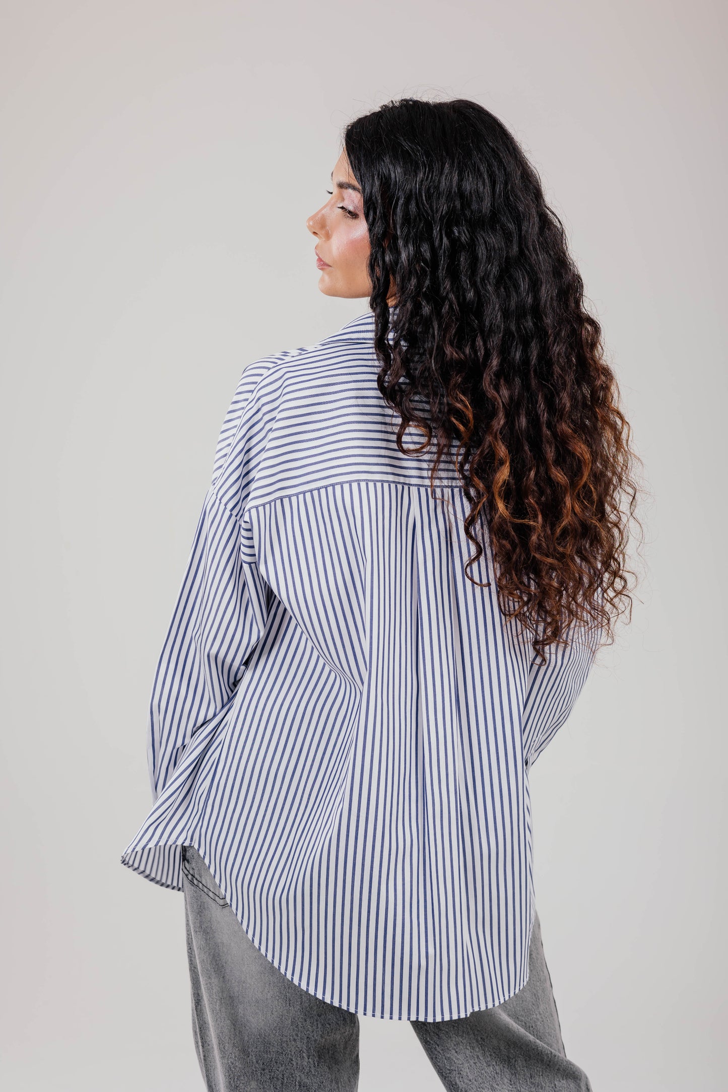 Poplin White Shirt Navy Stripe