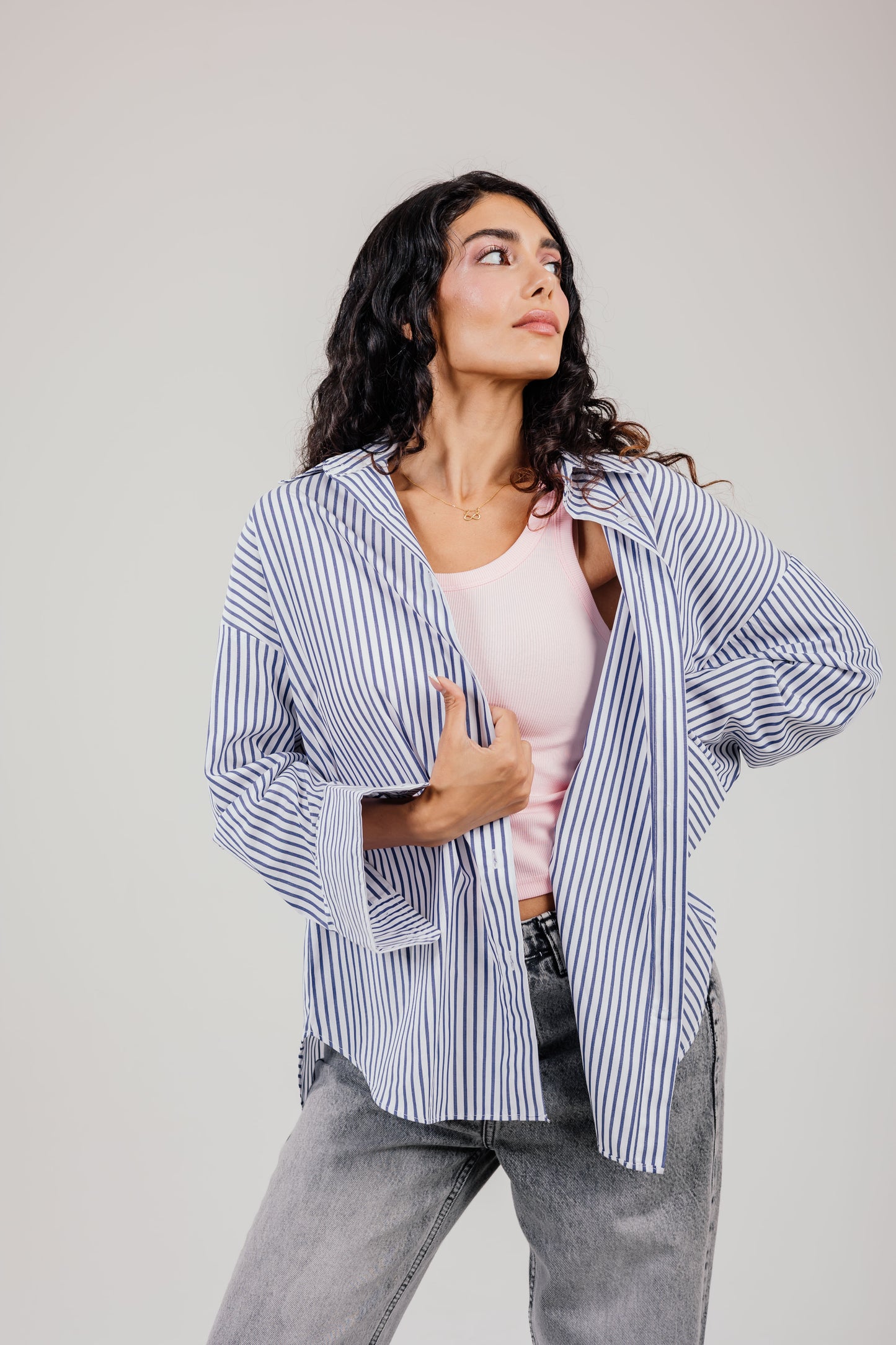 Poplin White Shirt Navy Stripe