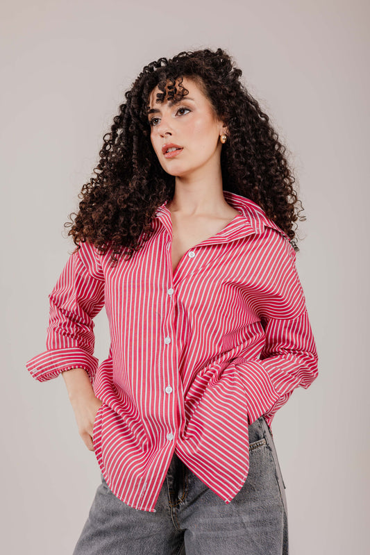 Poplin Red Shirt White Stripe