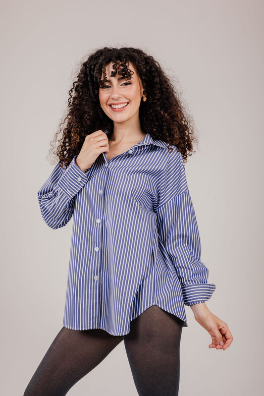 Poplin Navy Shirt White Stripe