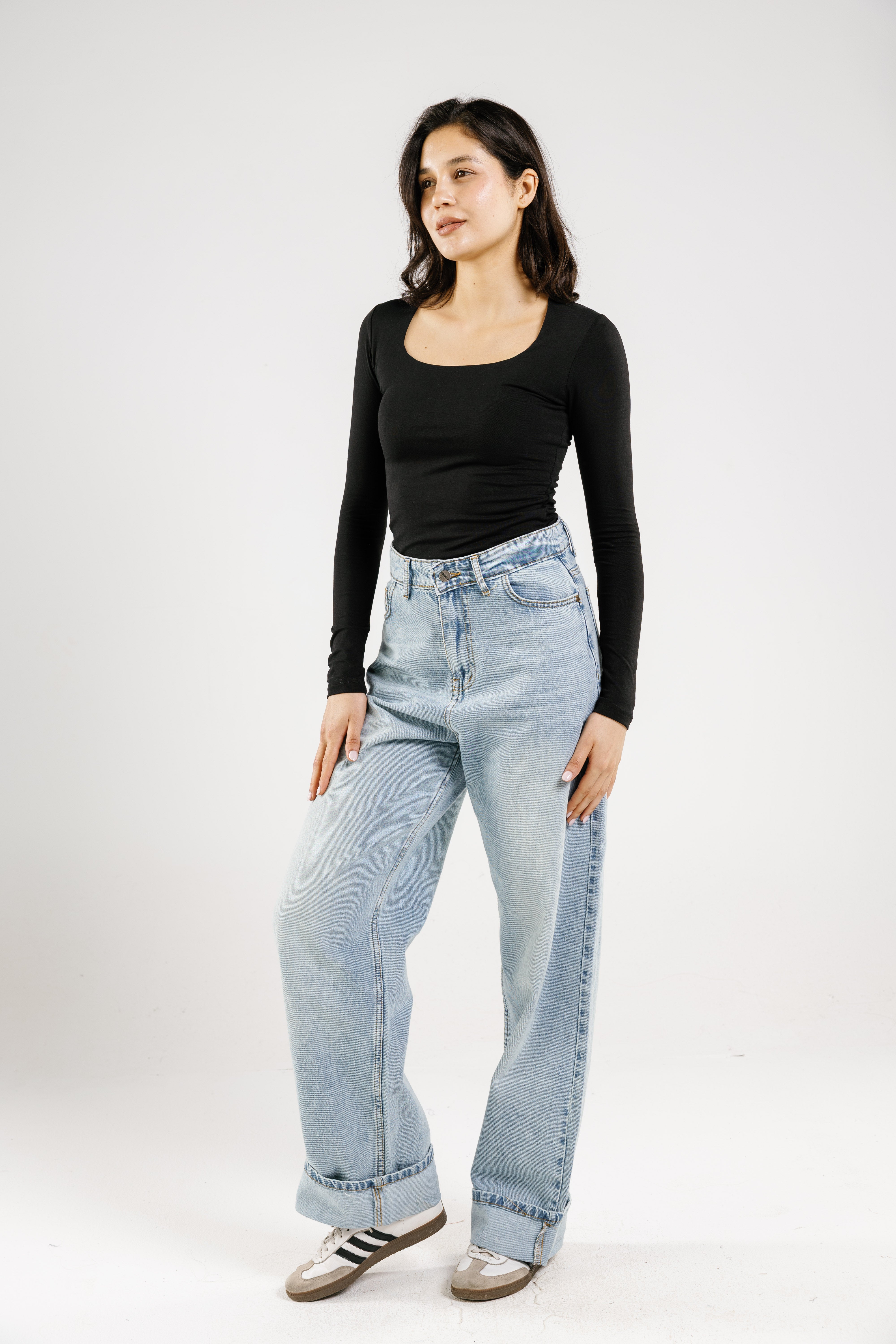 Cotton square neck long sleeve top