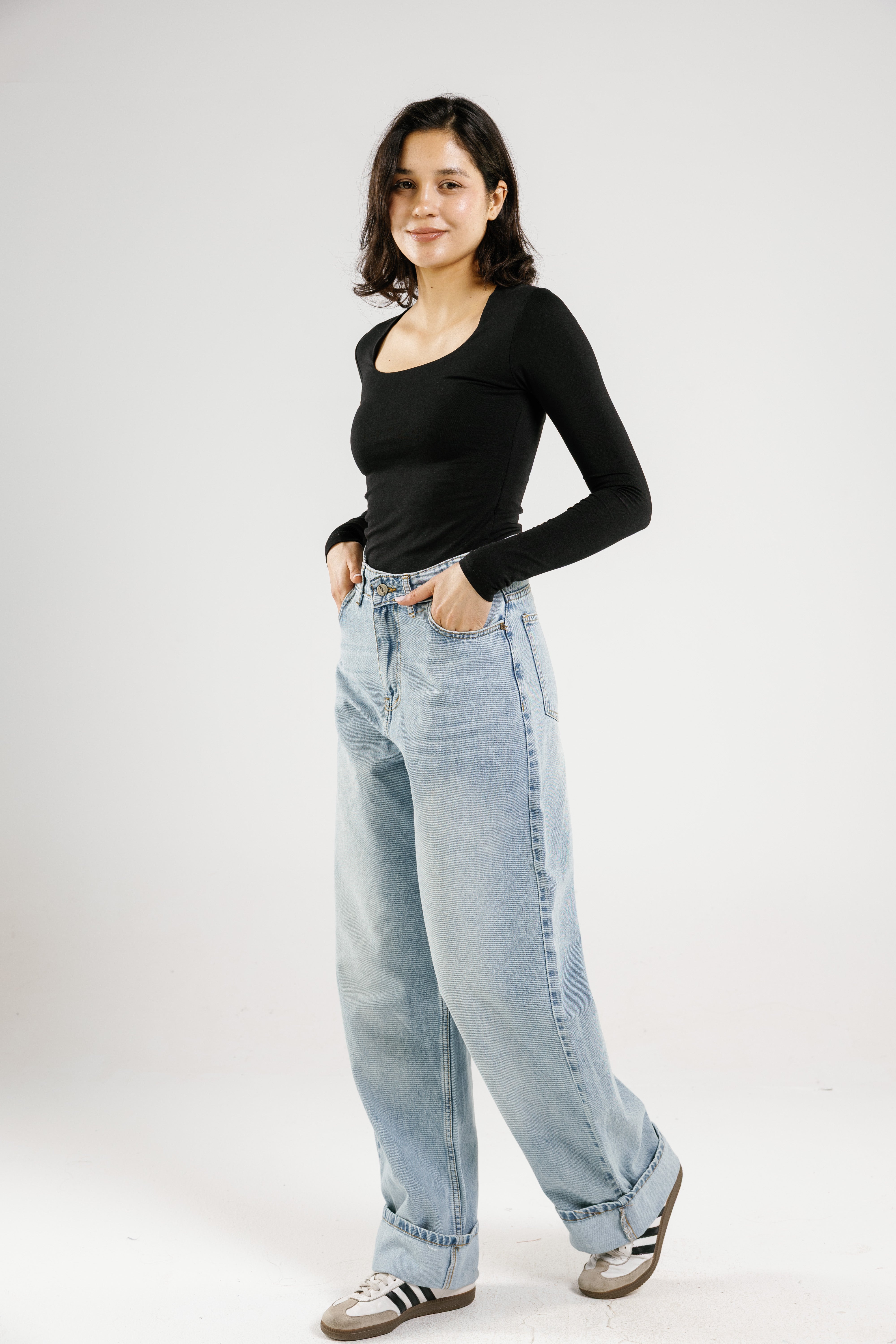 Cotton square neck long sleeve top
