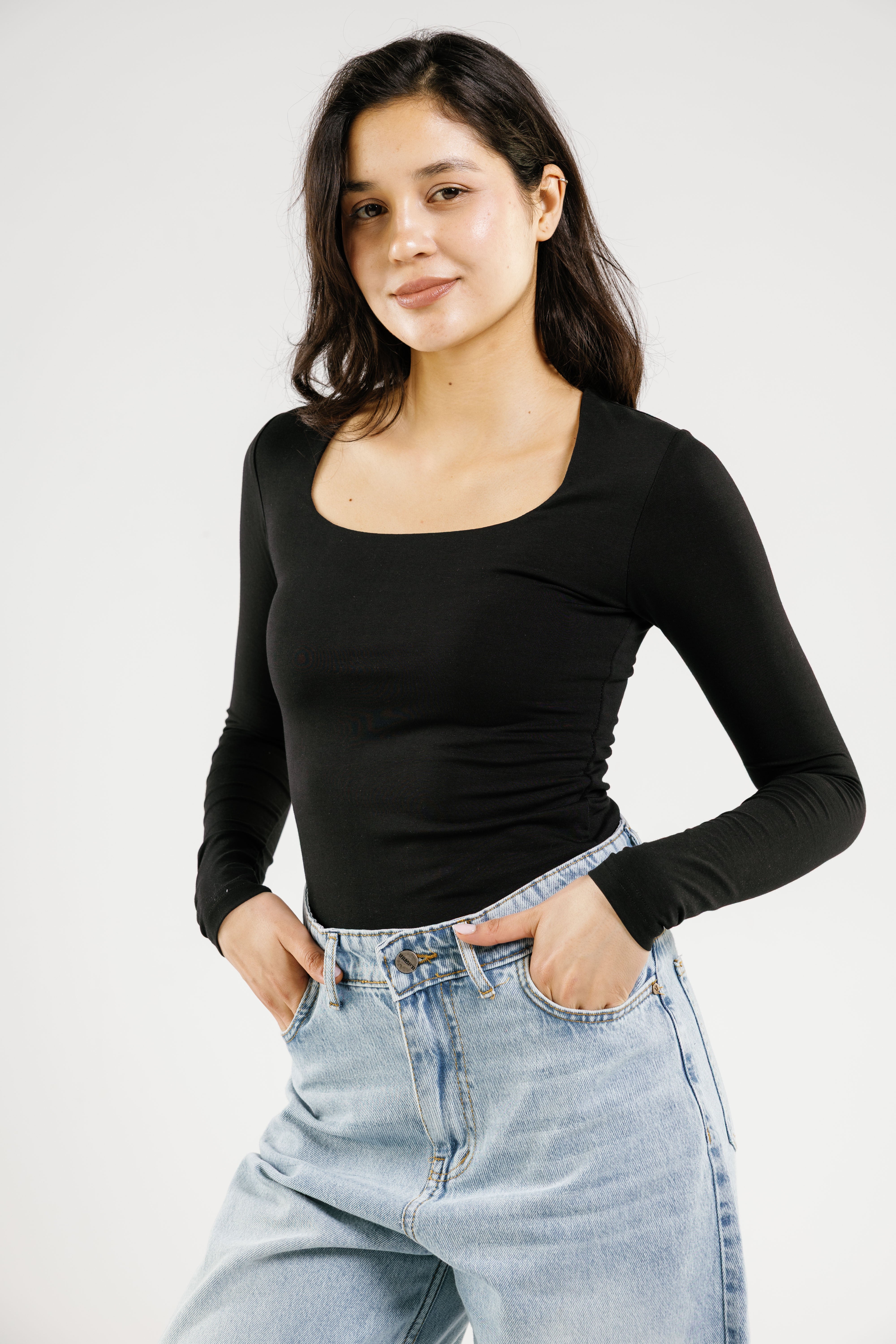 Cotton square neck long sleeve top