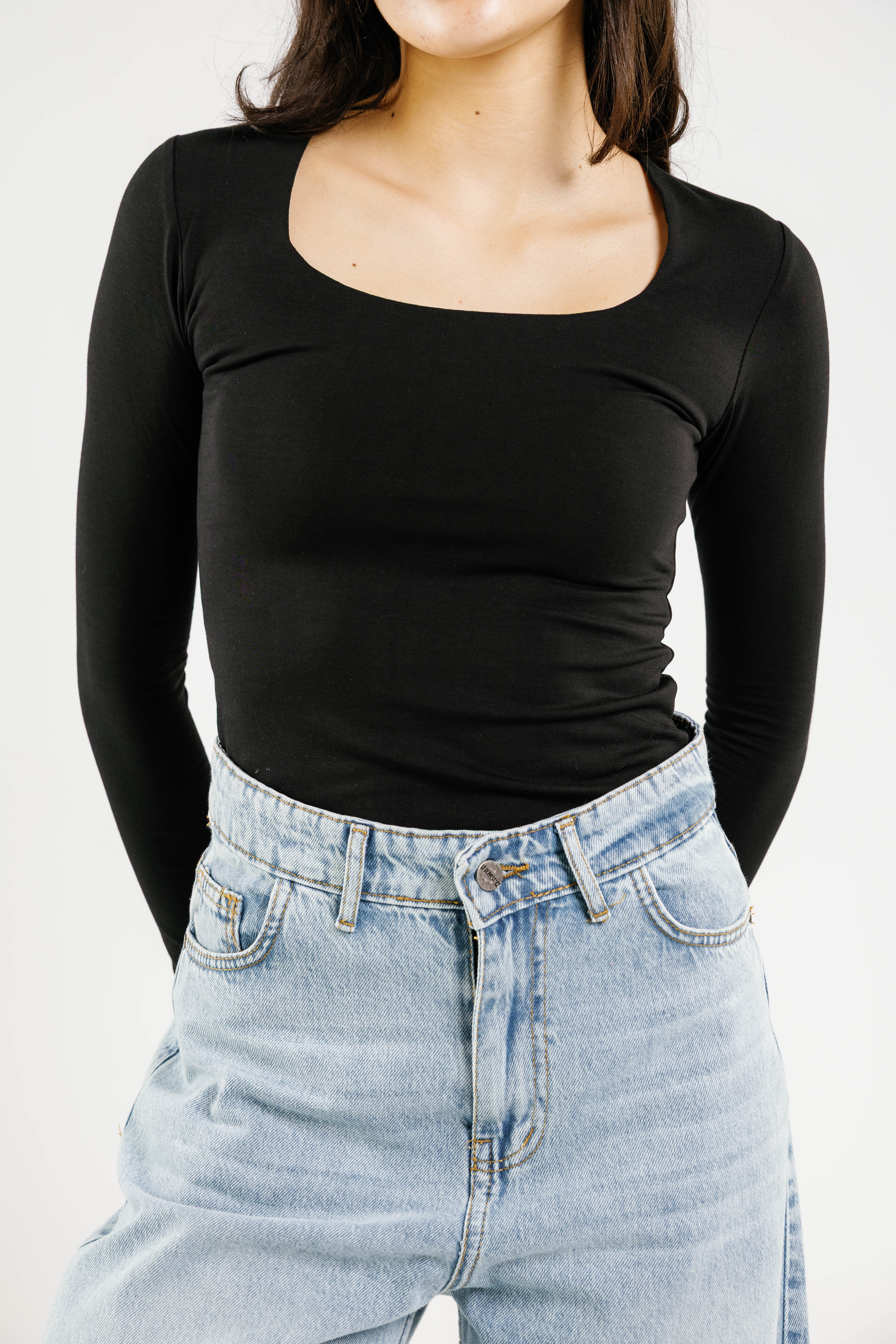 Cotton square neck long sleeve top