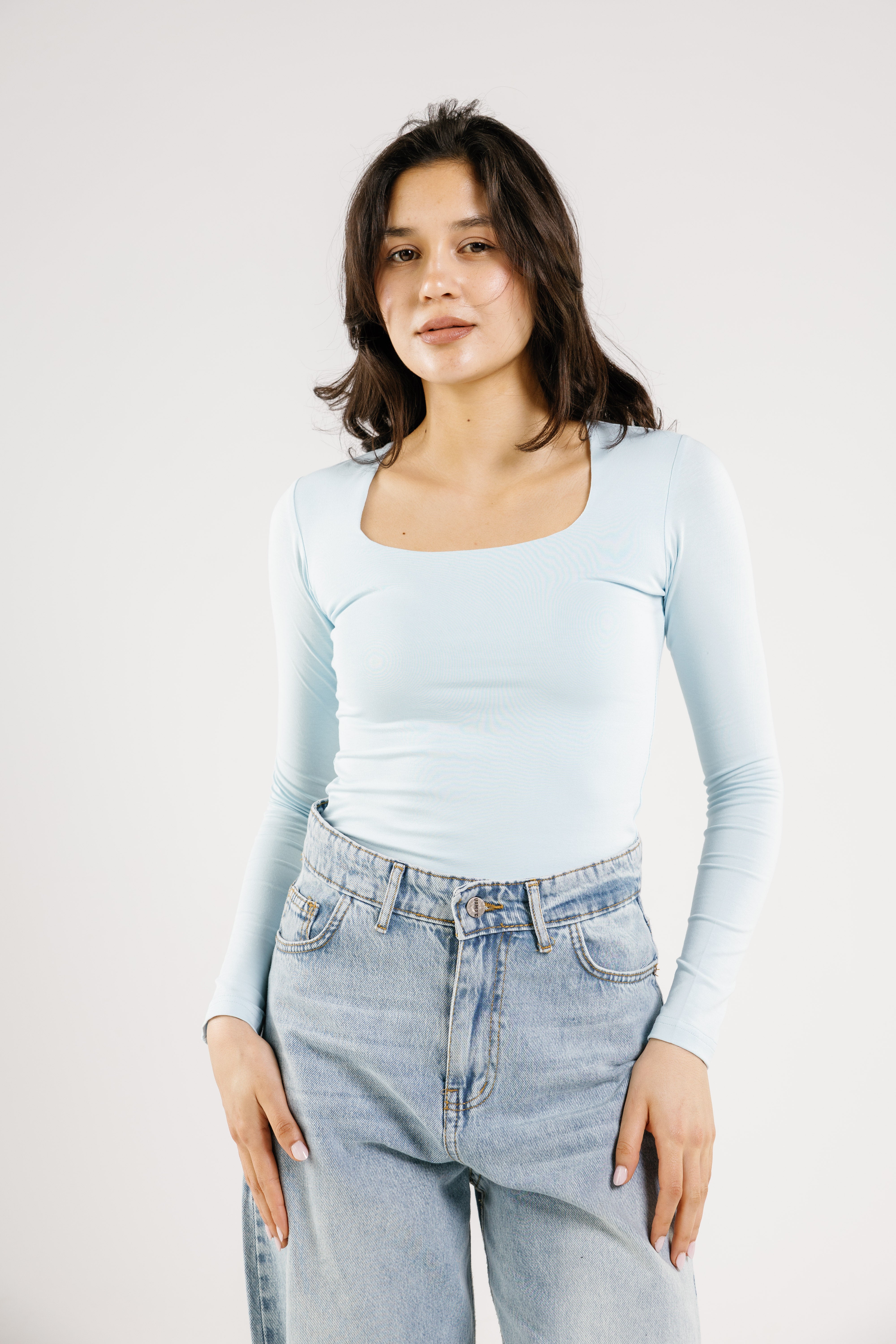 Cotton square neck long sleeve top