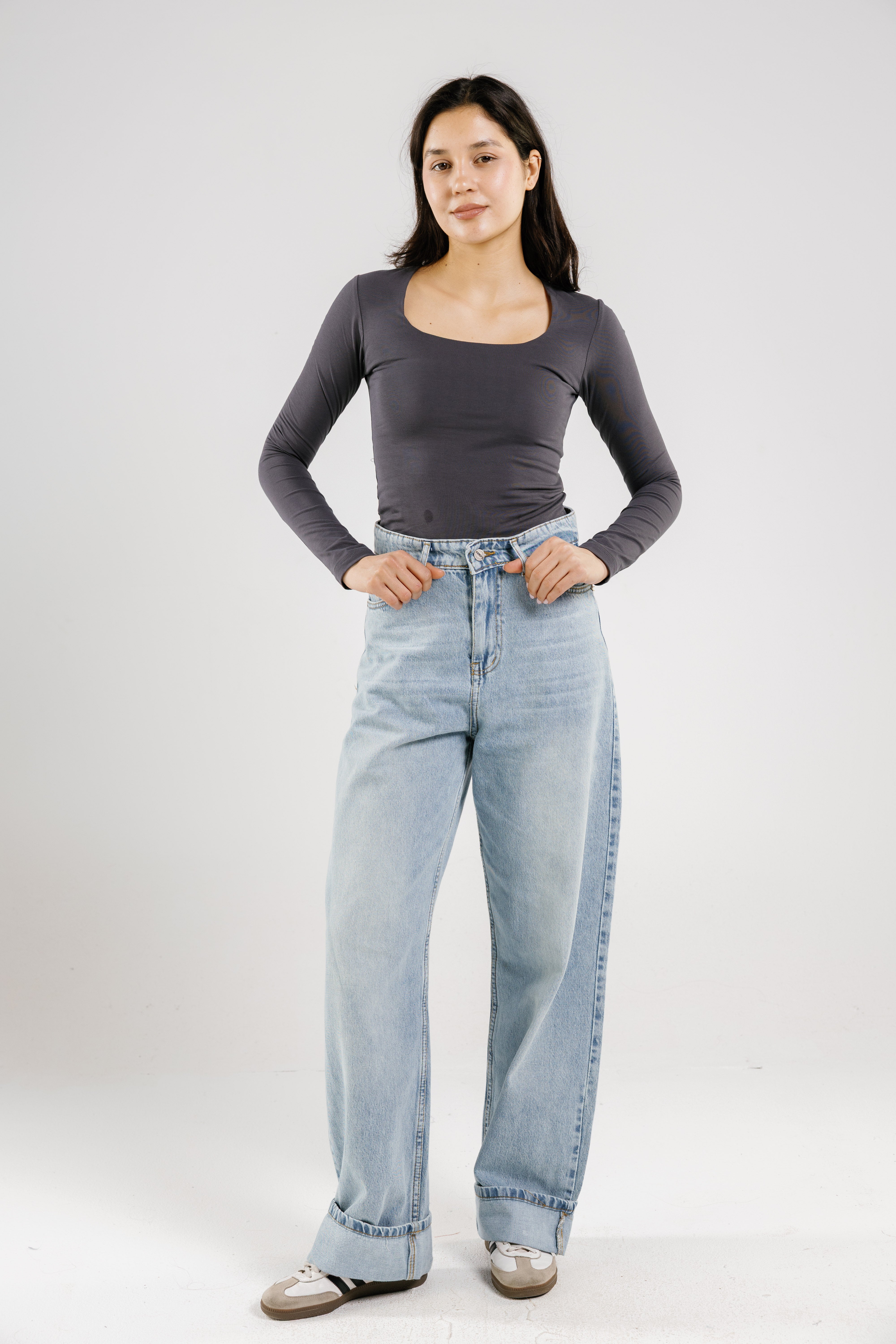 Cotton square neck long sleeve top