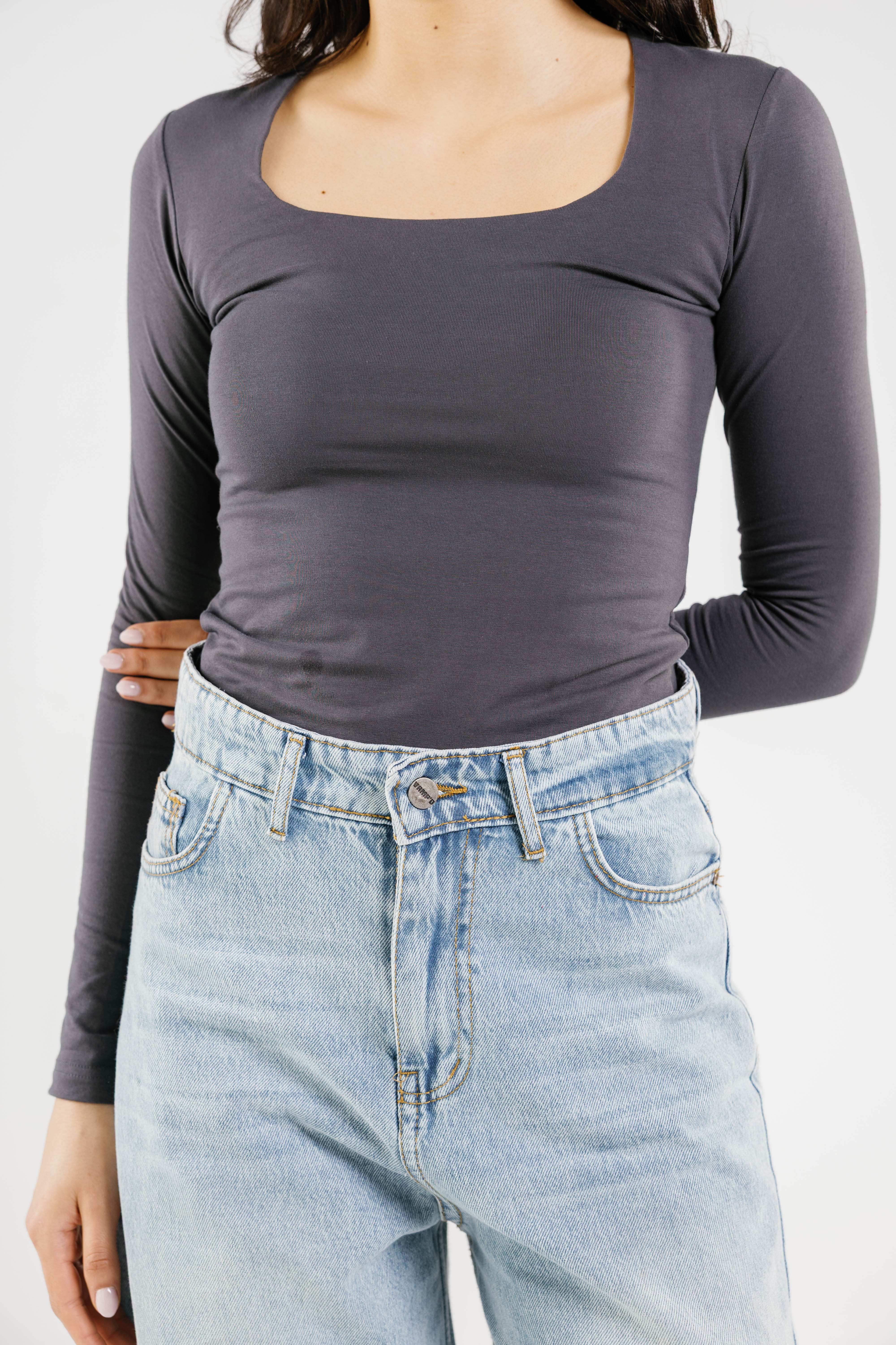 Cotton square neck long sleeve top