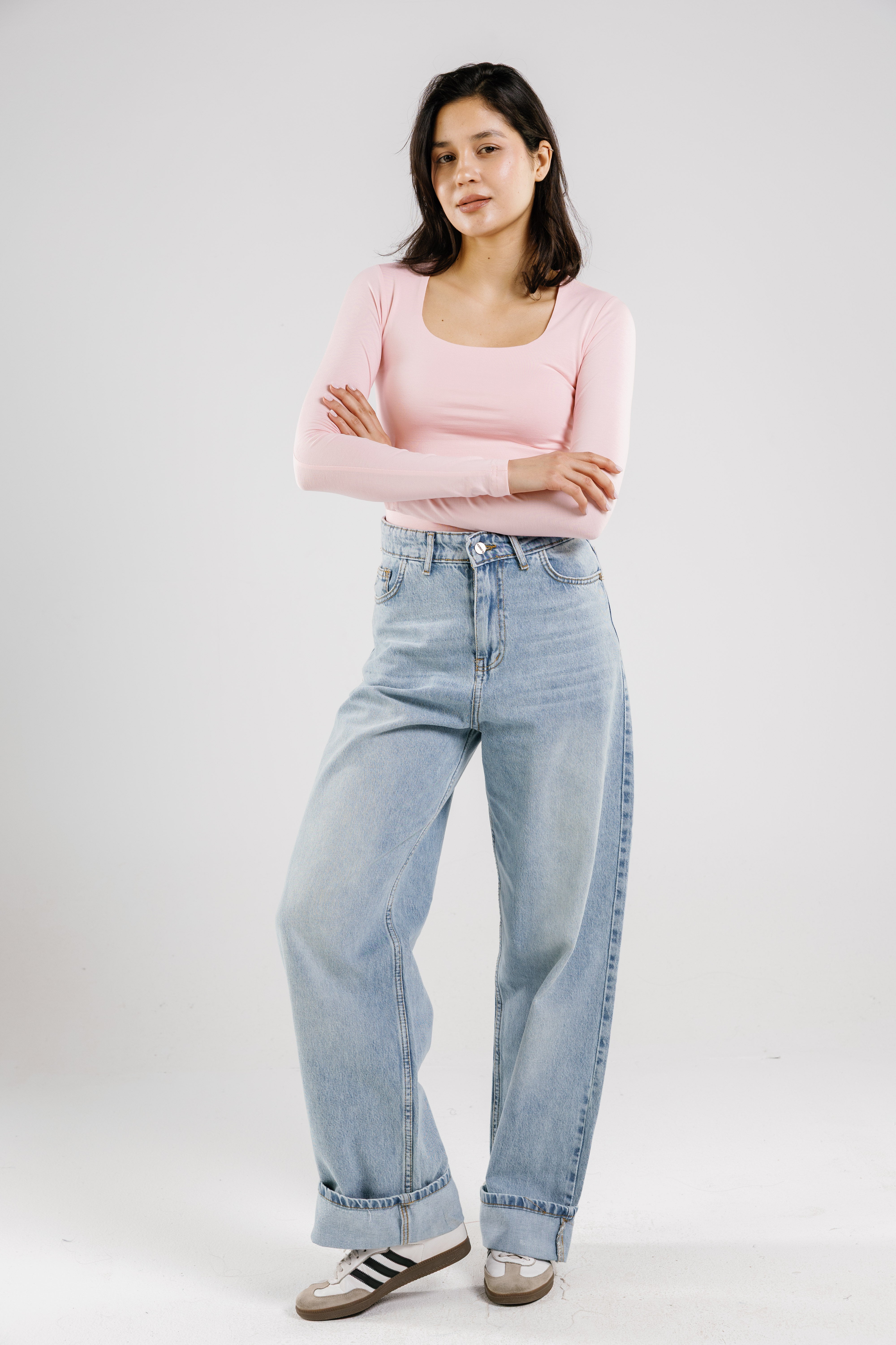 Cotton square neck long sleeve top