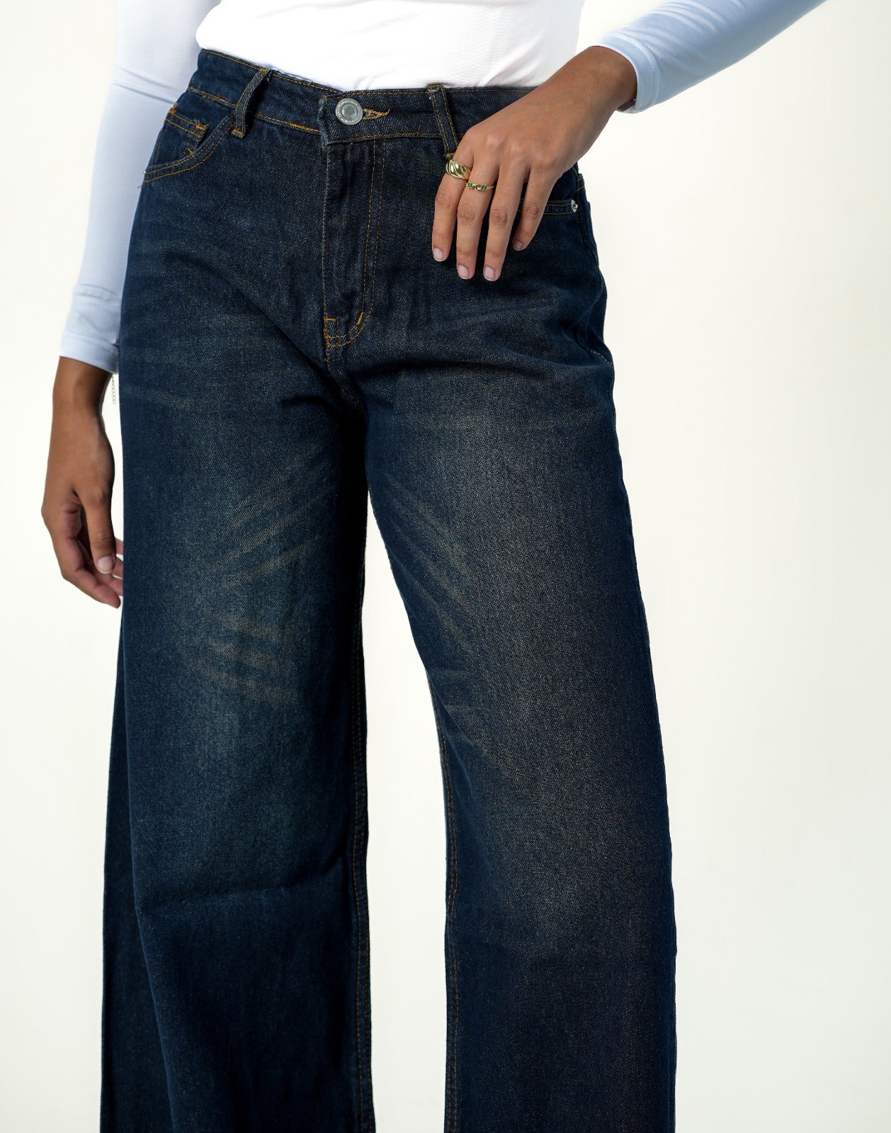 Wide Leg Washed Denim - Navy