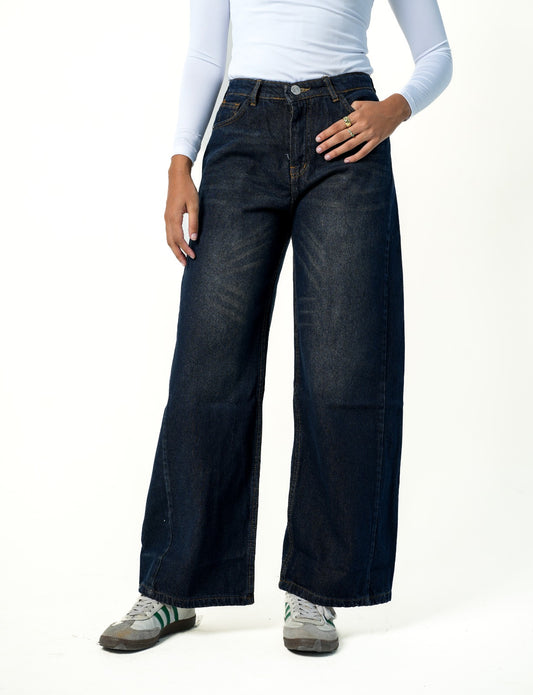 Wide Leg Washed Denim - Navy