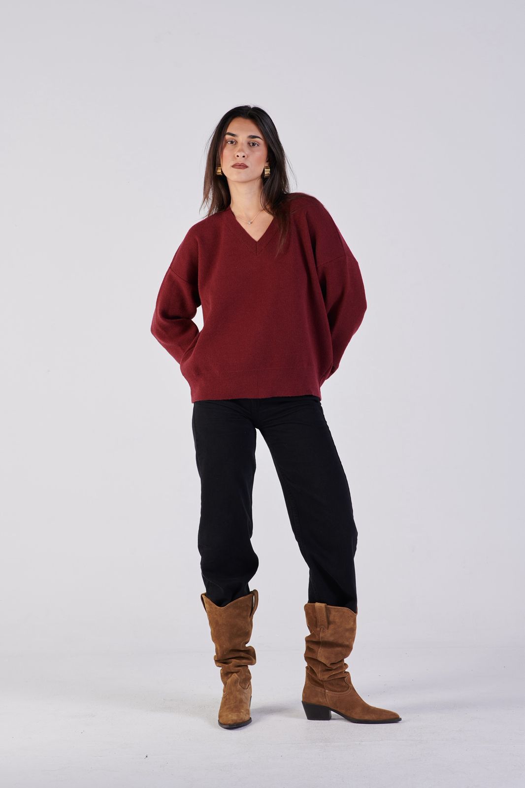 Soft knit V-neck jumper Burgundy